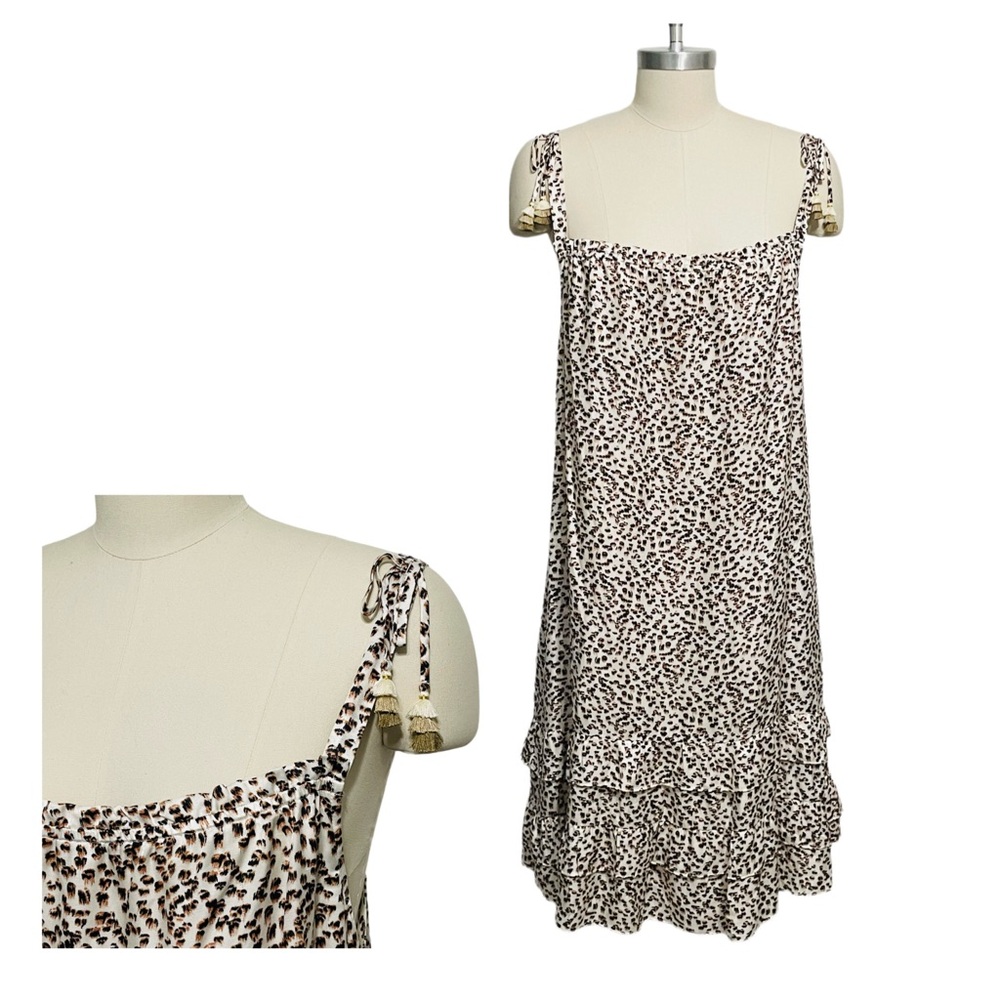 Hale Bob Sleeveless Leopard Print Midi Dress w/ Tassels Silk Blend Large